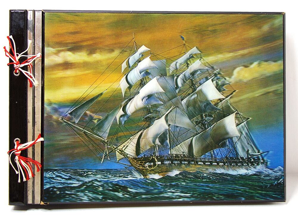 Antique Musical Photo Album Clipper Ship Hologram Wooden Cover Nautical Keepsake
